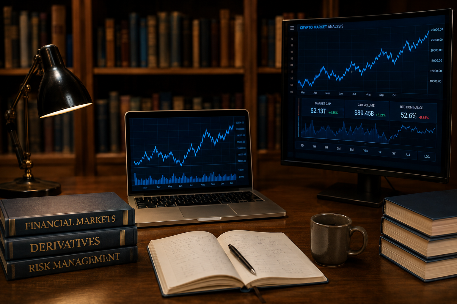 Research desk with charts and books